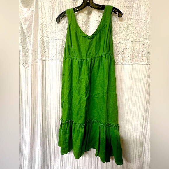 Linen Green Sleeveless long midi Dress summer lightweight tiered cottage skirt - Picture 2 of 4